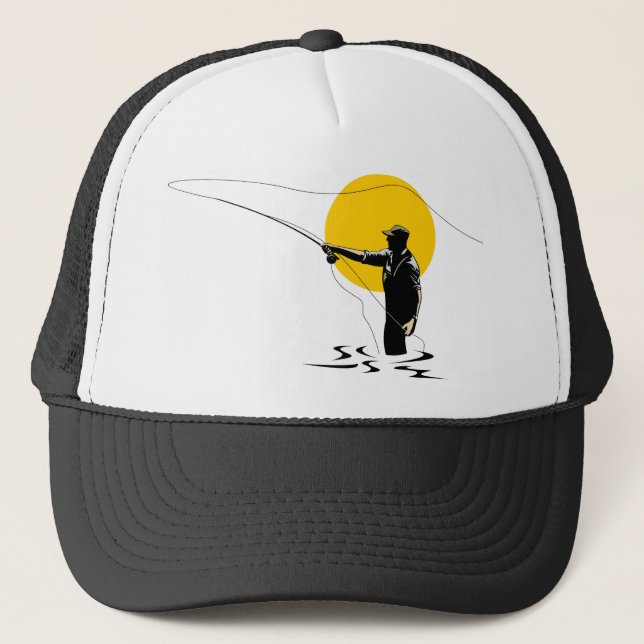 Fly fisherman casting reel with fishing lure bait trucker hat (Front)