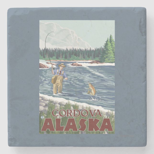 Fly Fisherman - Cordova, Alaska Stone Coaster (Front)