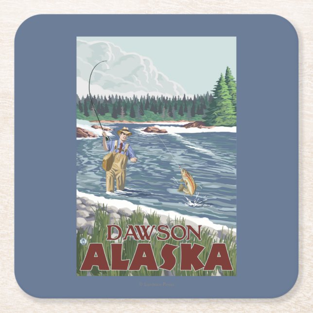 Fly Fisherman - Dawson, Alaska Square Paper Coaster (Front)