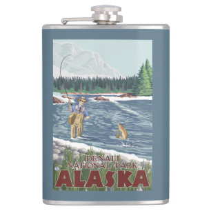 Fly Fisherman - Denali National Park, Alaska Hip Flask