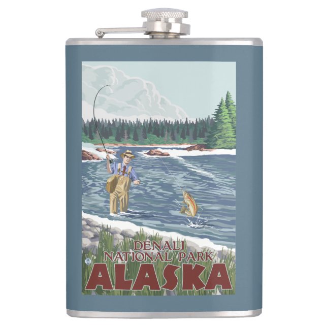 Fly Fisherman - Denali National Park, Alaska Hip Flask (Front)