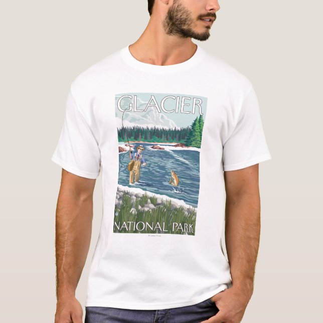 Fly Fisherman - Glacier National Park, MT T-Shirt (Front)