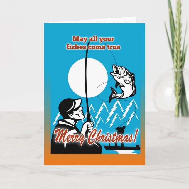 Fly Fisherman on boat catching largemouth bass Holiday Card (Front)