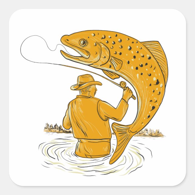 Fly Fisherman Reeling Trout Drawing Square Sticker (Front)