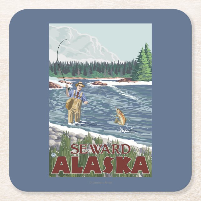 Fly Fisherman - Seward, Alaska Square Paper Coaster (Front)