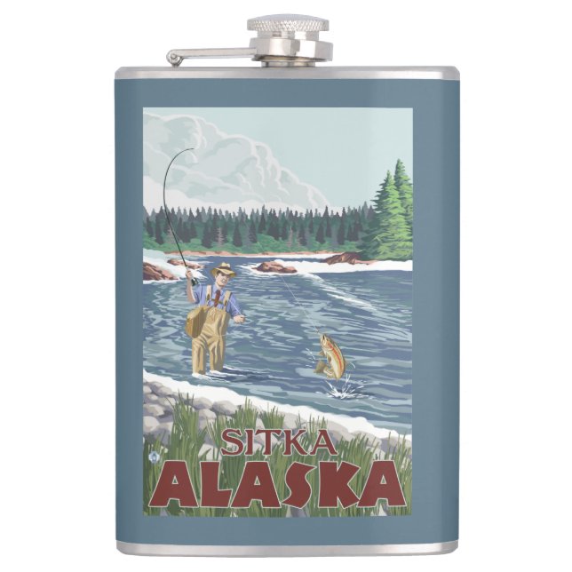 Fly Fisherman - Sitka, Alaska Hip Flask (Front)