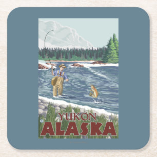 Fly Fisherman - Yukon, Alaska Square Paper Coaster