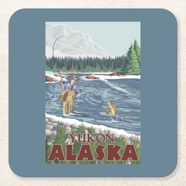 Fly Fisherman - Yukon, Alaska Square Paper Coaster (Front)