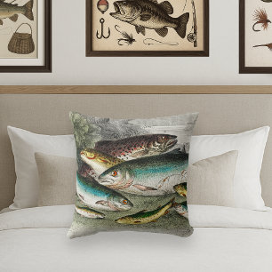 Fly Fisherman's Vintage Fishing Trout Watercolor Cushion