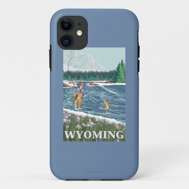 Fly FishermanWyomingVintage Travel Poster Case-Mate iPhone Case (Back)