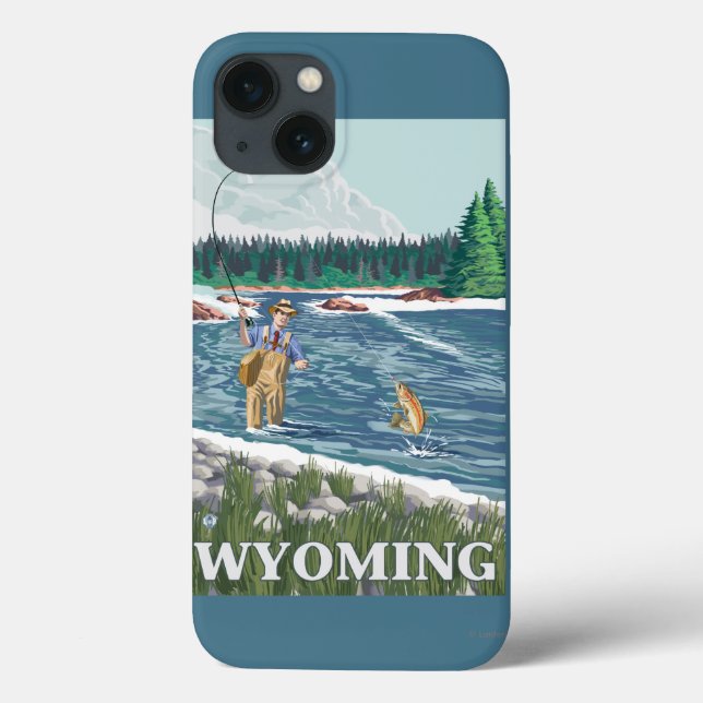 Fly FishermanWyomingVintage Travel Poster Case-Mate iPhone Case (Back)