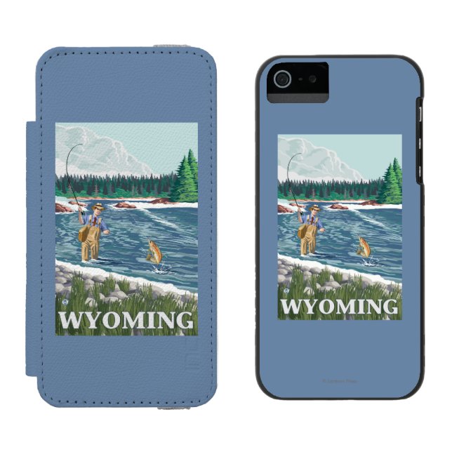 Fly FishermanWyomingVintage Travel Poster Incipio iPhone Wallet Case (Side by Side)