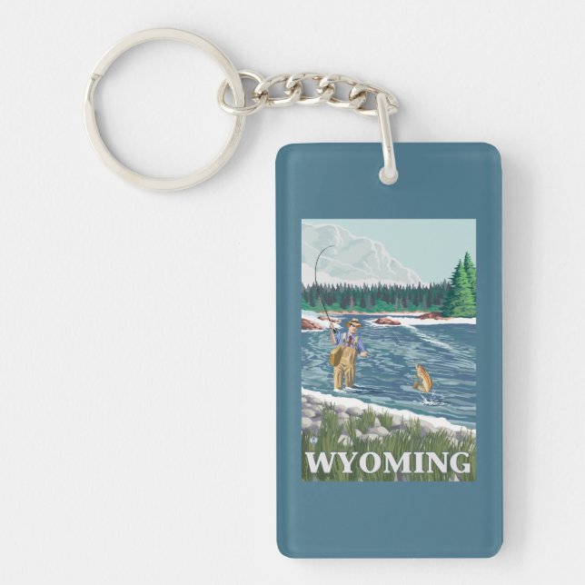 Fly FishermanWyomingVintage Travel Poster Key Ring (Front)