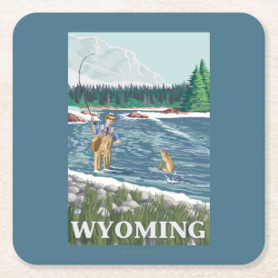 Fly FishermanWyomingVintage Travel Poster Square Paper Coaster
