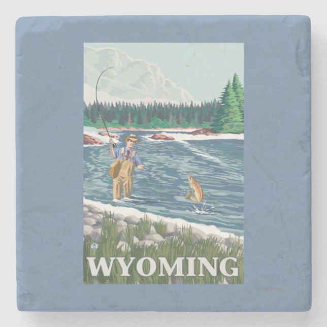 Fly FishermanWyomingVintage Travel Poster Stone Coaster (Front)