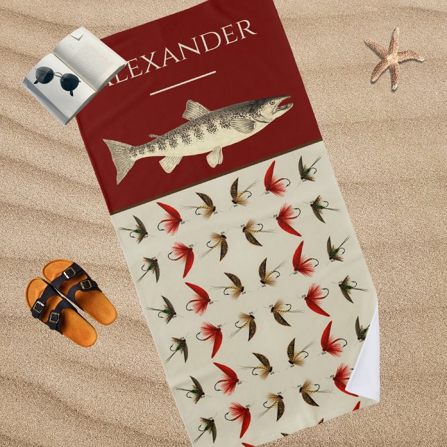 Fly Fishing Flies Rustic Salmon Beach Towel (Creator Uploaded)