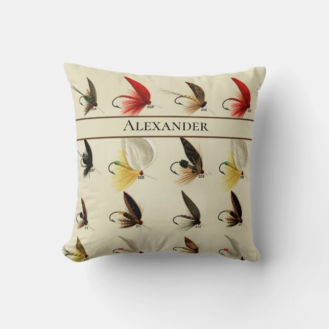 Fly Fishing Flies  Rustic Watercolor masculine Cushion (Front)