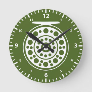Fly Fishing Fly Reel in White Silhouette Angler's Round Clock