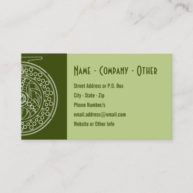 Fly Fishing Reel White Silhouette Art Shop Guide Business Card (Front)