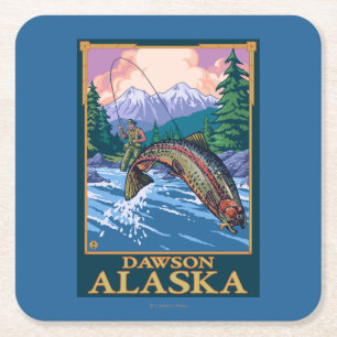 Fly Fishing Scene - Dawson, Alaska Square Paper Coaster