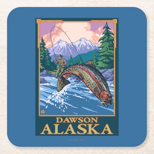 Fly Fishing Scene - Dawson, Alaska Square Paper Coaster (Front)