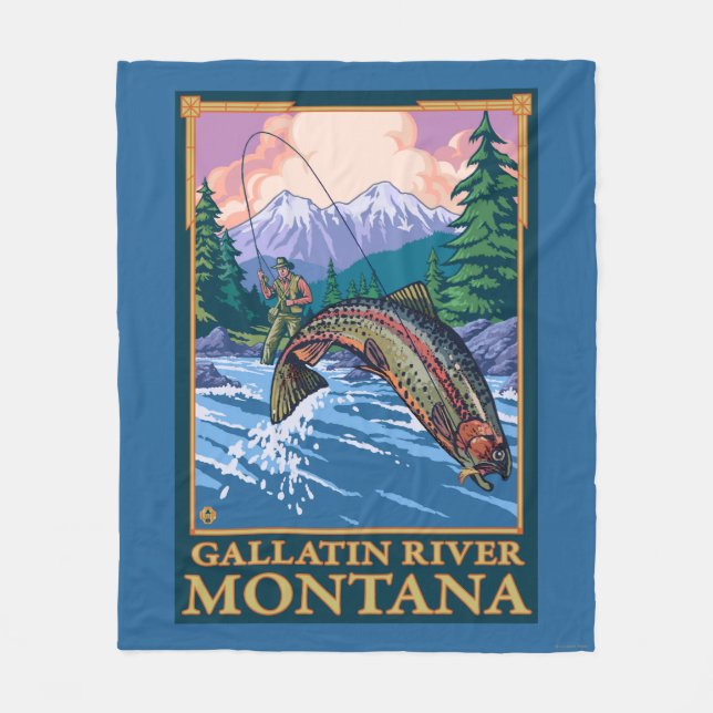 Fly Fishing Scene - Gallatin River, Montana Fleece Blanket (Front)