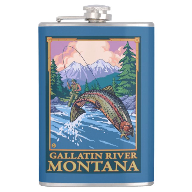 Fly Fishing Scene - Gallatin River, Montana Hip Flask (Front)