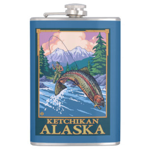 Fly Fishing Scene - Ketchikan, Alaska Hip Flask