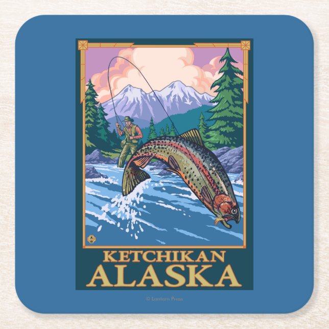 Fly Fishing Scene - Ketchikan, Alaska Square Paper Coaster (Front)