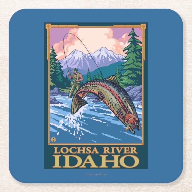 Fly Fishing Scene - Lochsa River, Idaho Square Paper Coaster (Front)