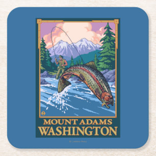 Fly Fishing Scene - Mount Adams, Washington Square Paper Coaster