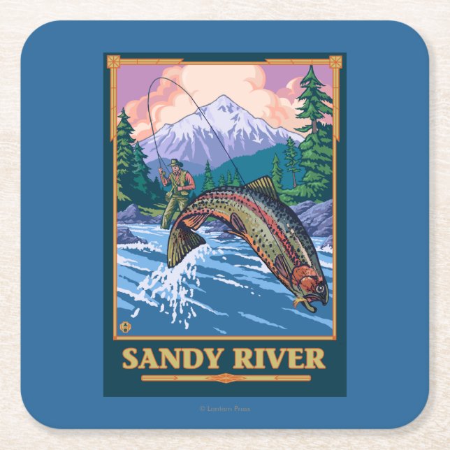 Fly Fishing Scene - Sandy River, Oregon Square Paper Coaster (Front)