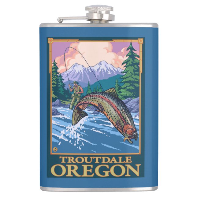 Fly Fishing Scene - Troutdale, Oregon Hip Flask (Front)