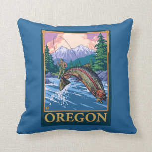 Fly Fishing Scene- Vintage Travel Poster Cushion