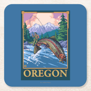 Fly Fishing Scene- Vintage Travel Poster Square Paper Coaster