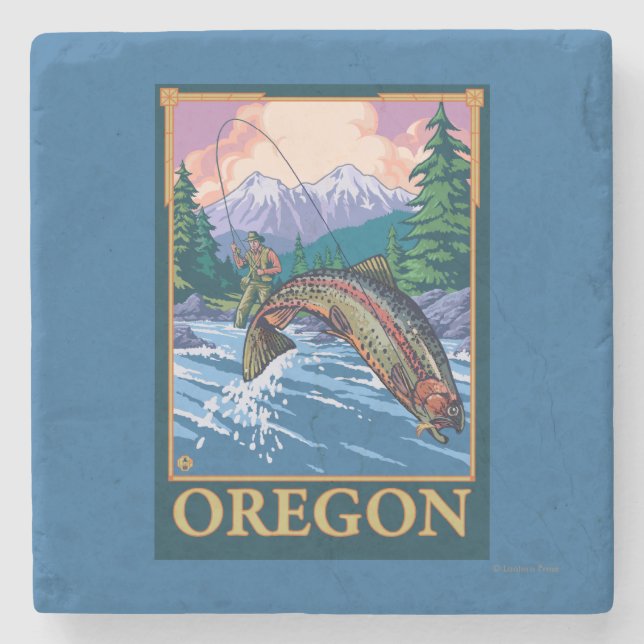 Fly Fishing Scene- Vintage Travel Poster Stone Coaster (Front)