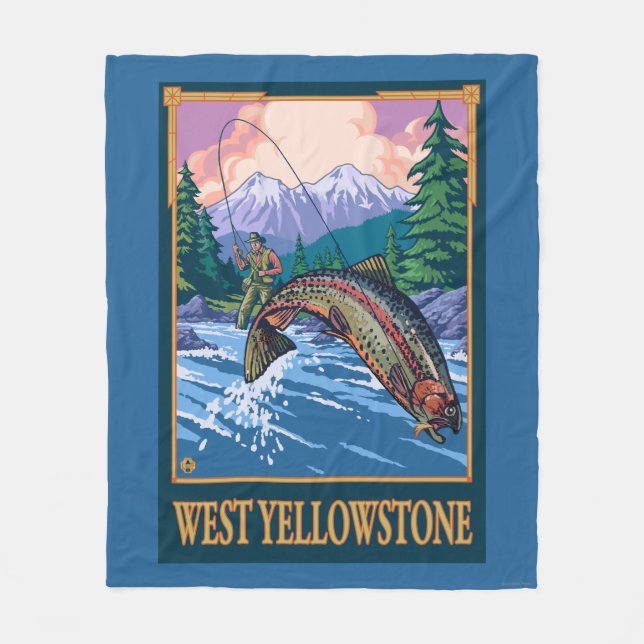 Fly Fishing Scene - West Yellowstone Fleece Blanket (Front)
