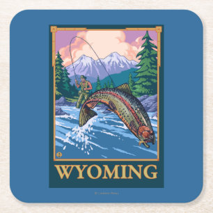 Fly Fishing Scene - Wyoming Square Paper Coaster