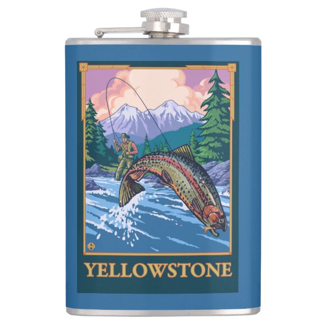 Fly Fishing Scene - Yellowstone National Park Hip Flask (Front)