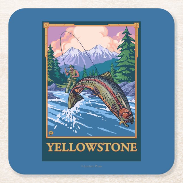 Fly Fishing Scene - Yellowstone National Park Square Paper Coaster (Front)