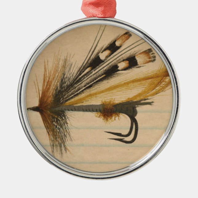 Fly Fishing Silver Lure on Lined Paper Metal Tree Decoration (Front)