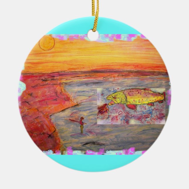 fly fishing sunset art ceramic tree decoration (Front)
