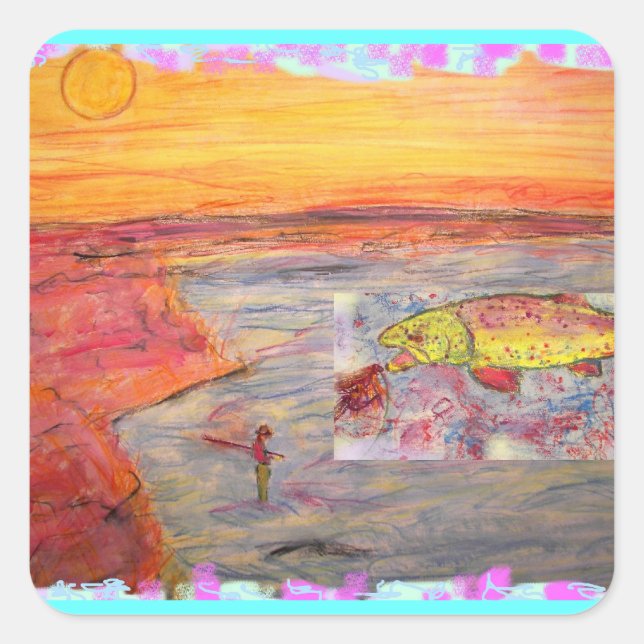 fly fishing sunset art square sticker (Front)