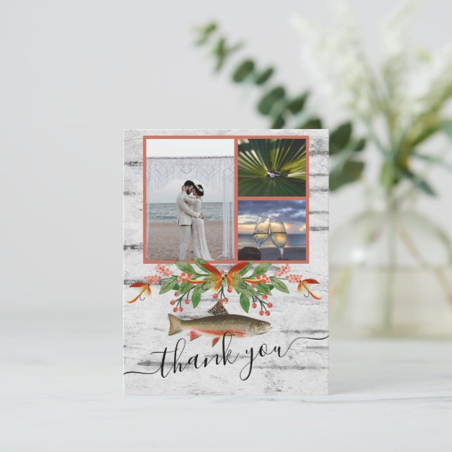 Fly Fishing Theme Wedding  3 photo collage  Thank You Card (Standing Front)