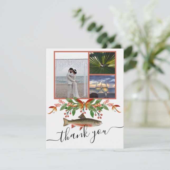 Fly Fishing Theme Wedding  3 photo collage  Thank You Card (Standing Front)