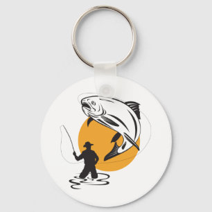Fly Fishing Trout Sunset Silhouette Key Ring