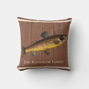 Fly Fishing Trout Watercolor Brown Wood Throw Pill Cushion
