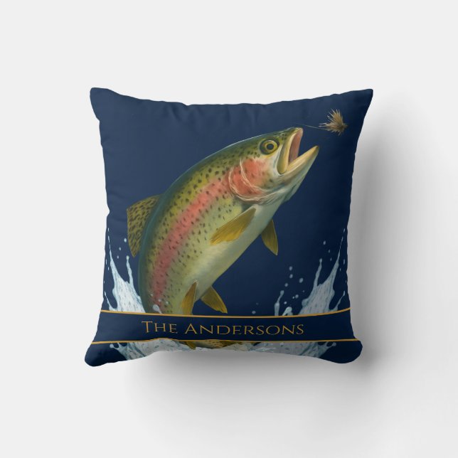 Fly fishing watercolor trout fish navy blue cushion (Back)