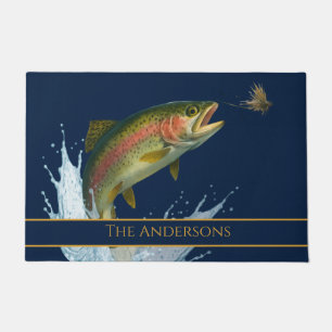 Fly fishing watercolor trout fish navy blue doormat
