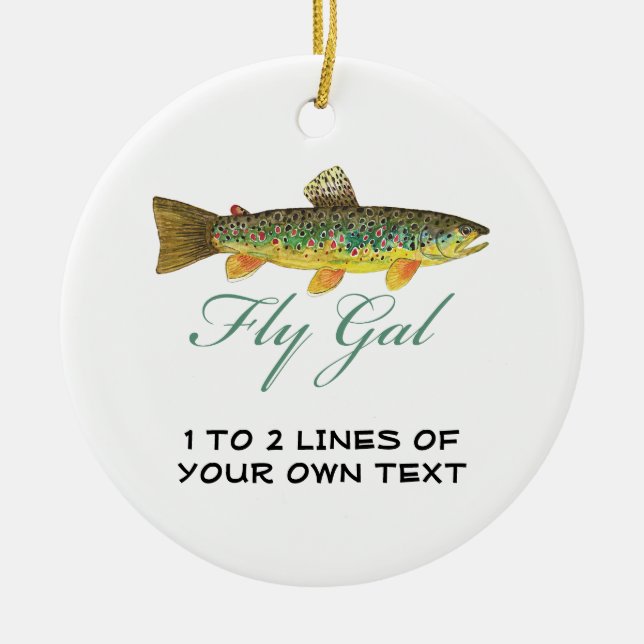 Fly Fishing Woman Ceramic Tree Decoration (Front)